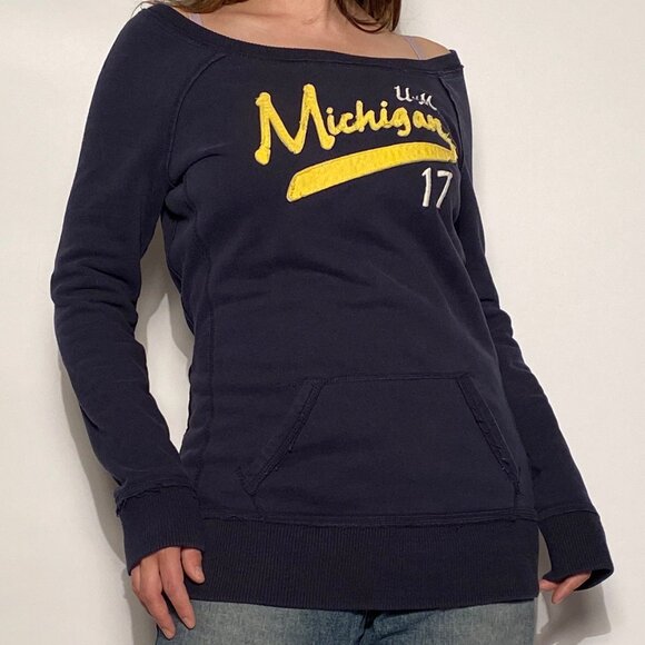 Vintage Y2K University of Michigan Boat Neck Tunic Sweatshirt w Kangaroo Pockets - Picture 7 of 11